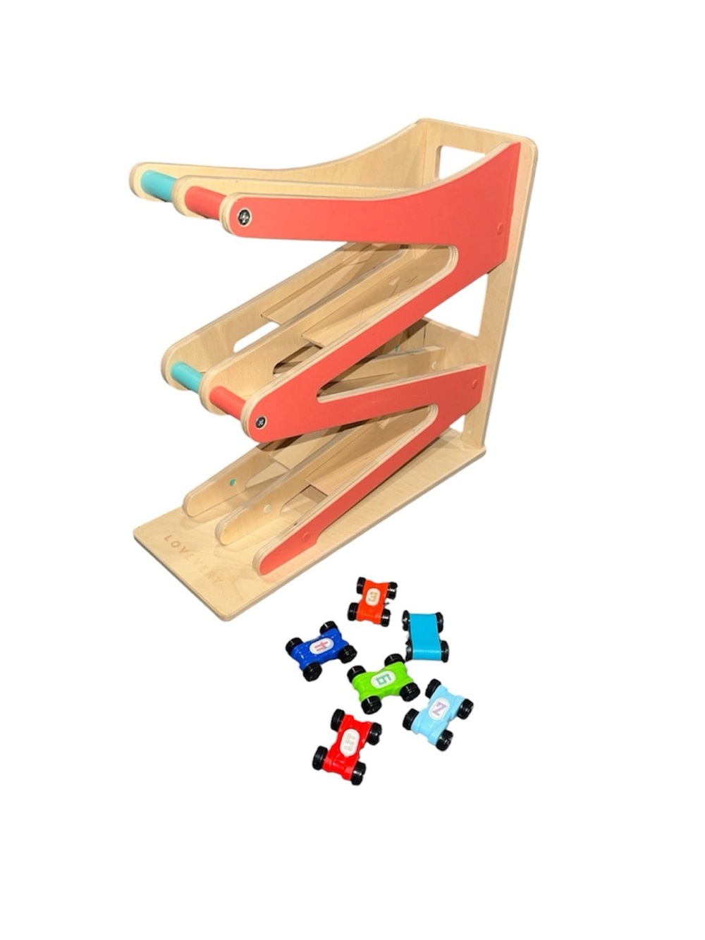LOVEVERY - Wooden 3-Tier Race Ramp Toy in Coral and Teal with Mini Cars